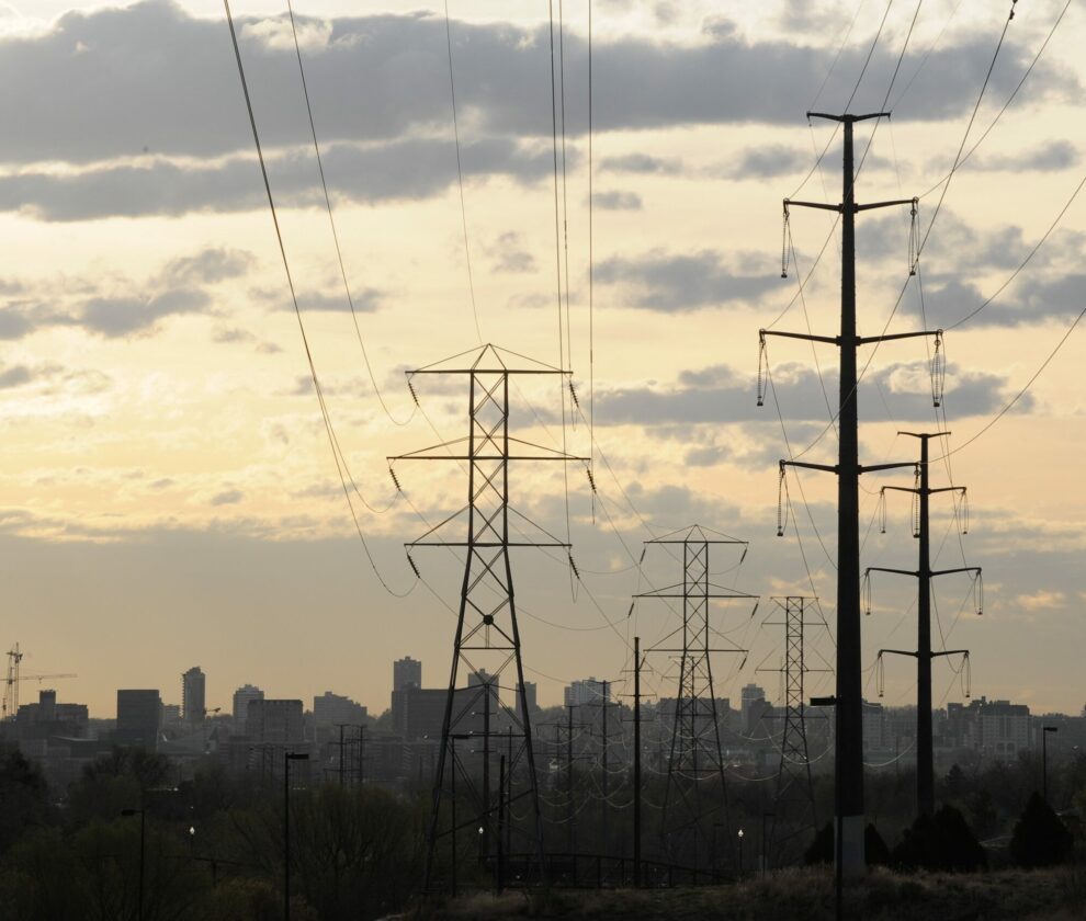 Power lines, Denver skyline in background